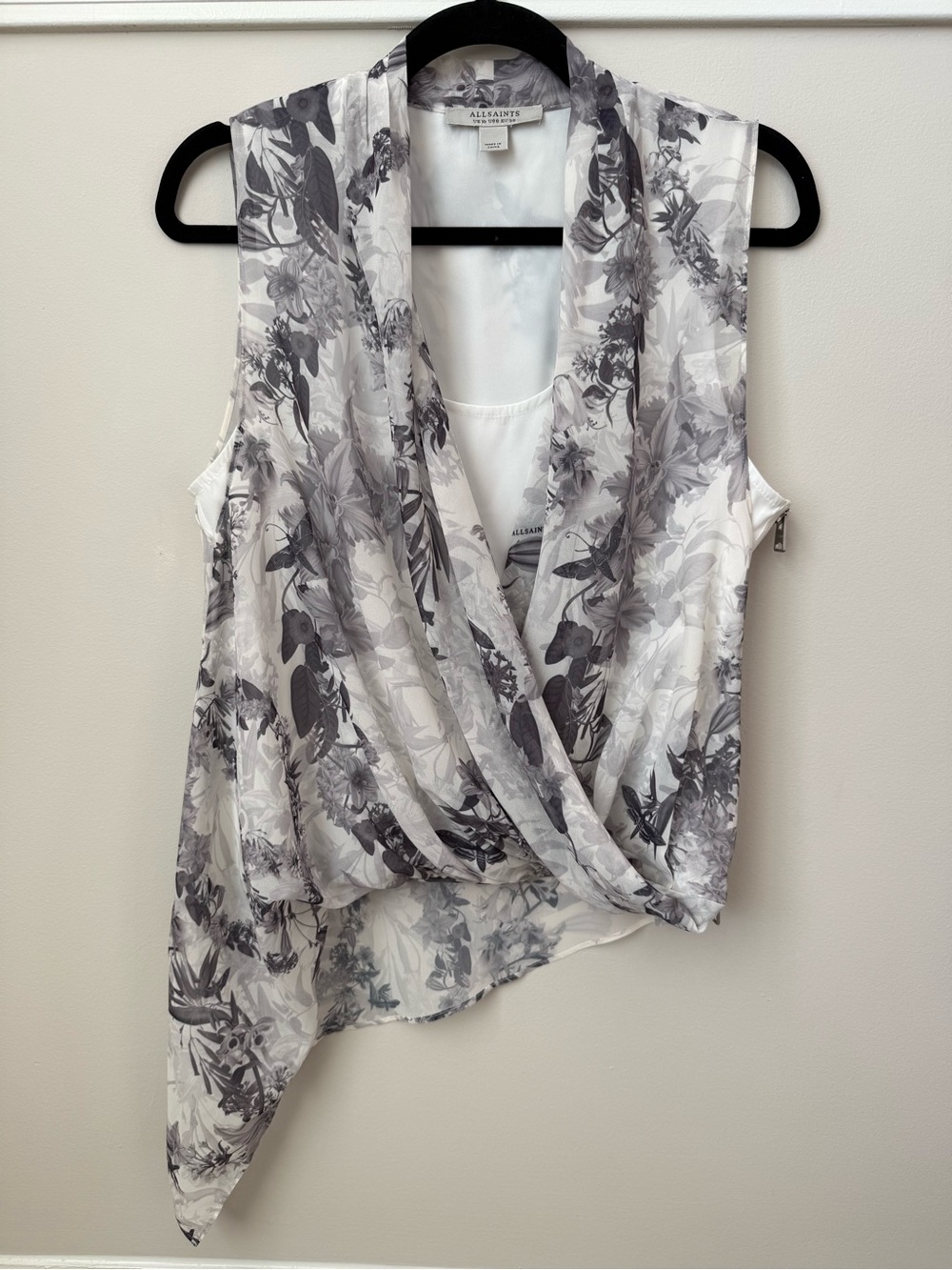 Allsaints Abi Audrey Draped Floral Print Sleeveless Top Asymmetric Mono White 6 - Picture 4 of 10